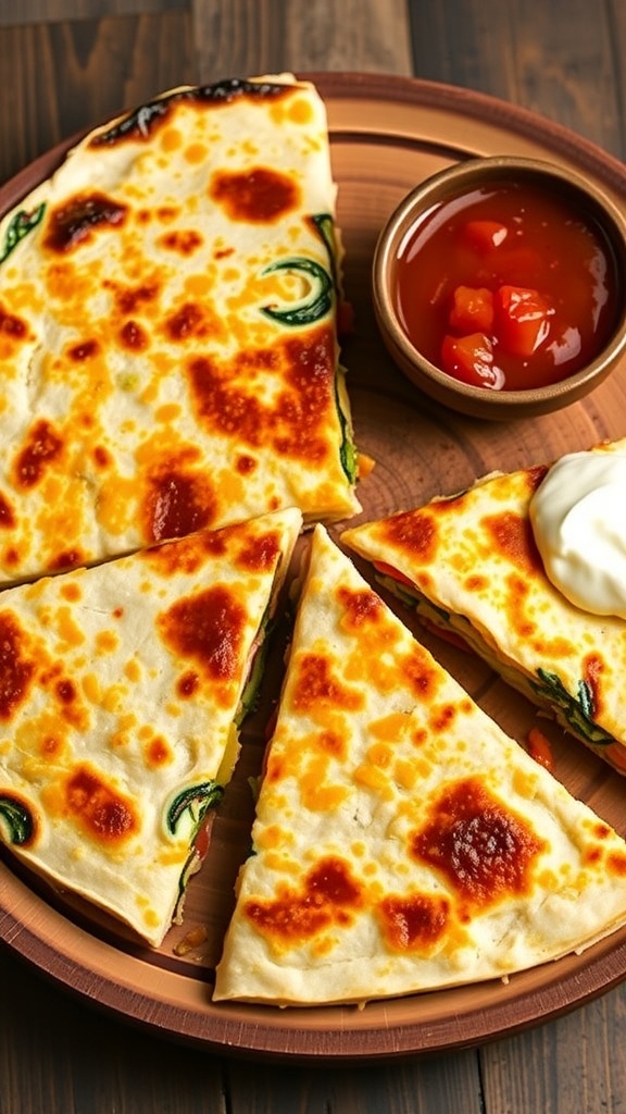 Vegetable quesadilla with melted cheese and colorful veggies, served with salsa and sour cream.